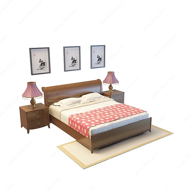 中式实木双人床3D模型