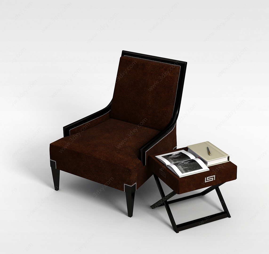 欧式布艺沙发椅和边几3D模型