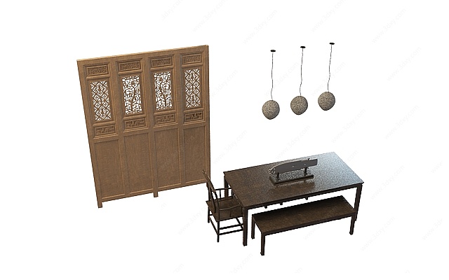 中式书房桌椅3D模型