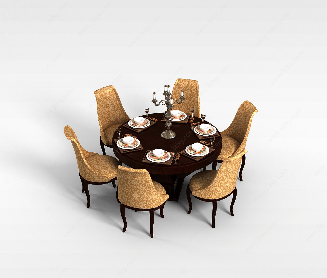 欧式圆形餐桌椅组合3D模型