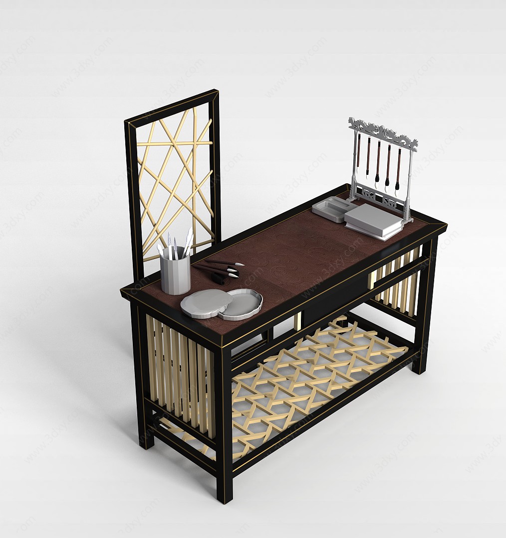 复古实木书房桌椅3D模型