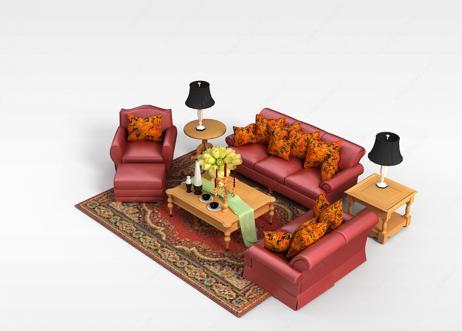 客厅皮质沙发茶几组合3D模型