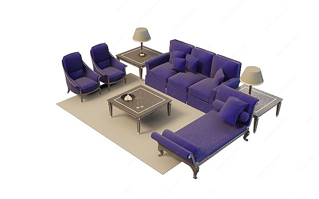 紫色布艺沙发茶几3D模型