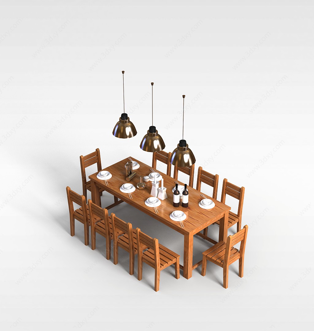 中式实木餐桌椅3D模型