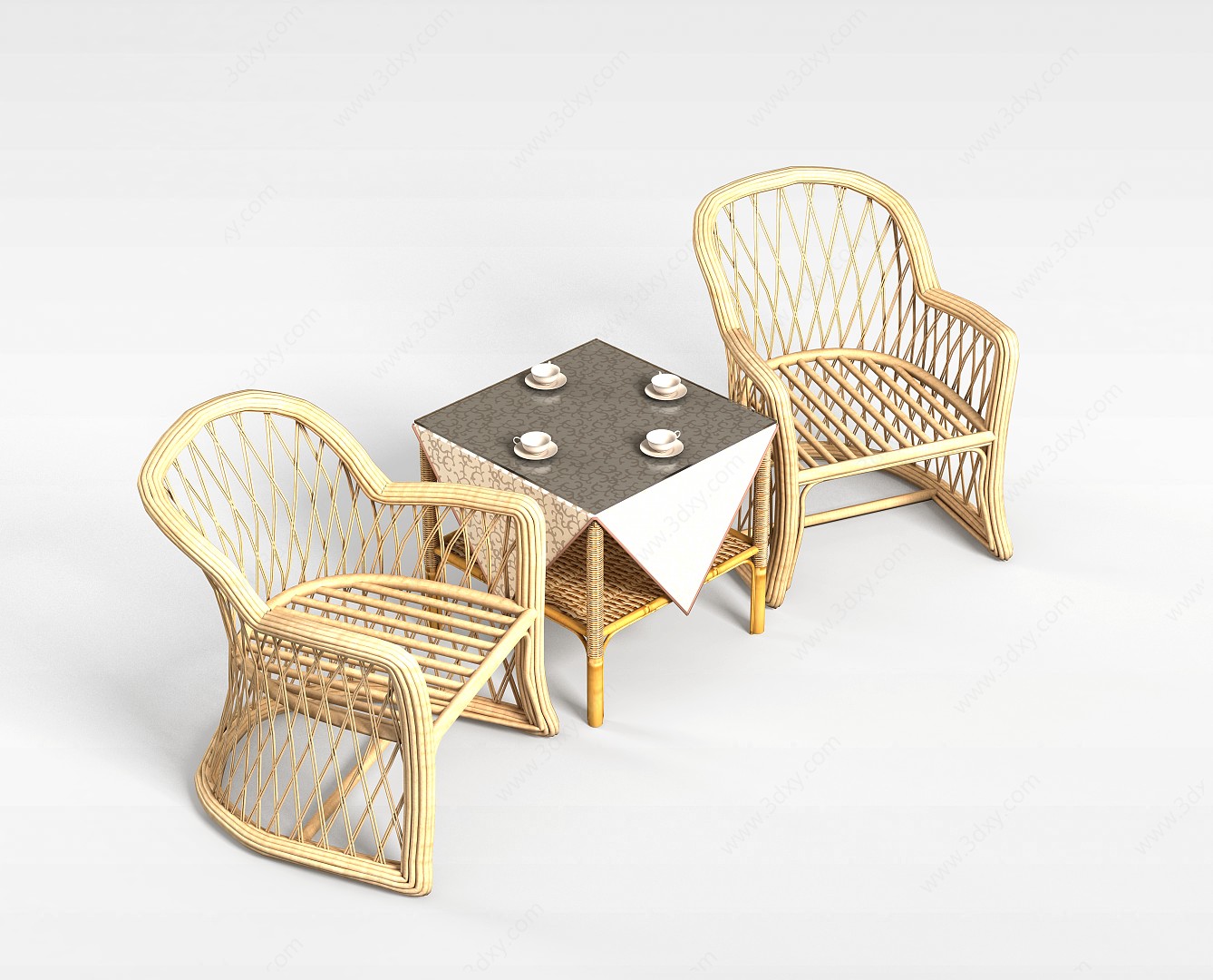 藤编桌椅组合3D模型