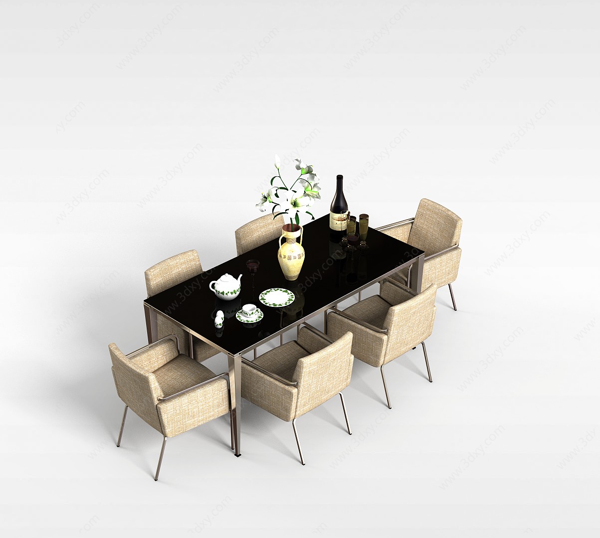 六人餐桌椅组合3D模型