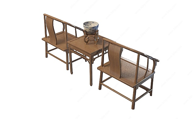 中式棕木色桌椅组合3D模型