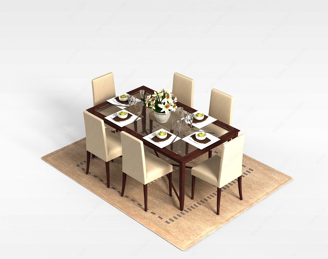 六人桌椅组合3D模型