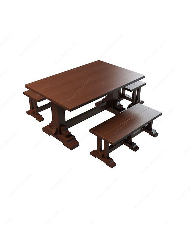 中式纯木桌椅3D模型