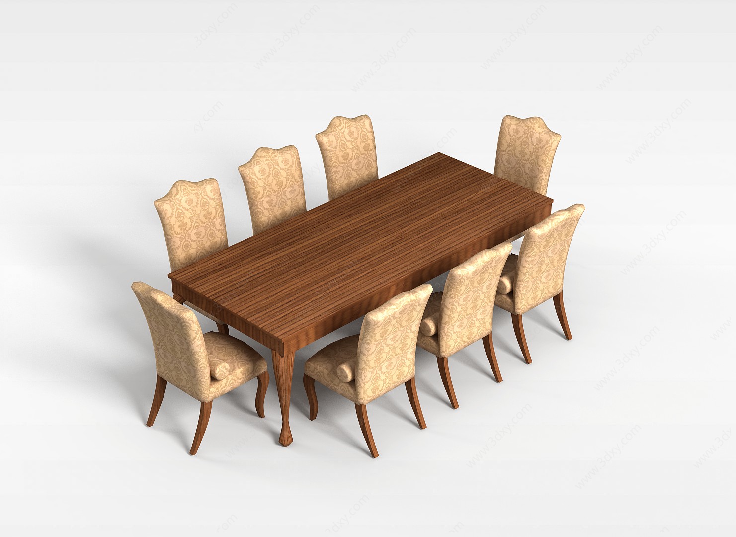 8人实木桌椅组合3D模型