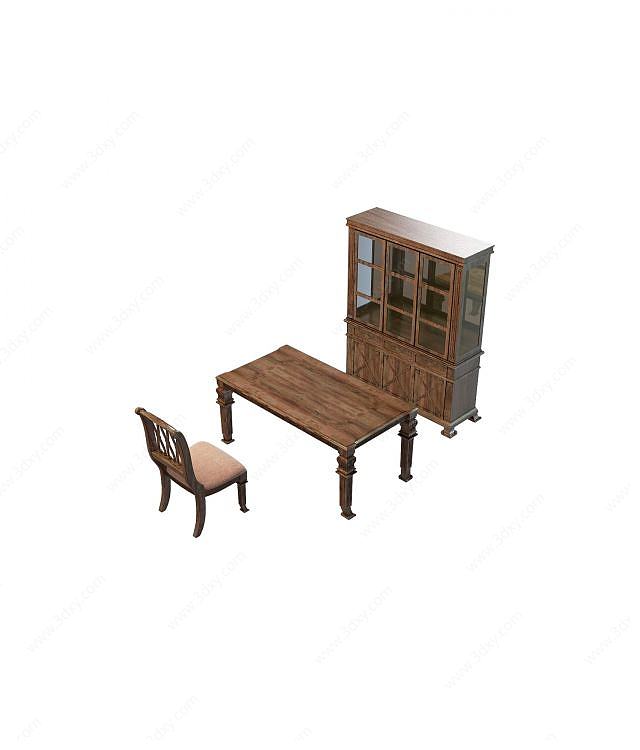 实木书房桌椅3D模型