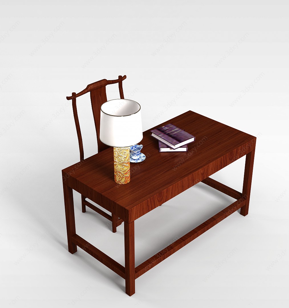 中式实木书桌椅3D模型