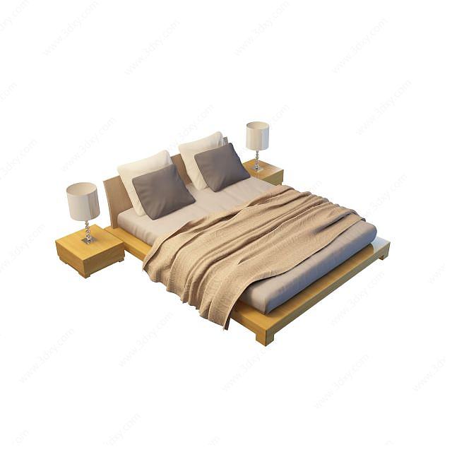 实木简单现代双人床3D模型