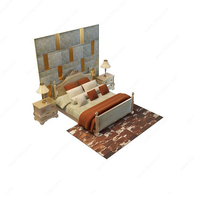 欧式床头背景双人床3D模型