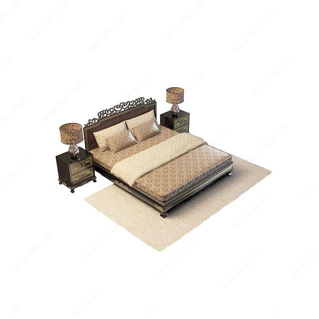 中式实木雕花双人床3D模型