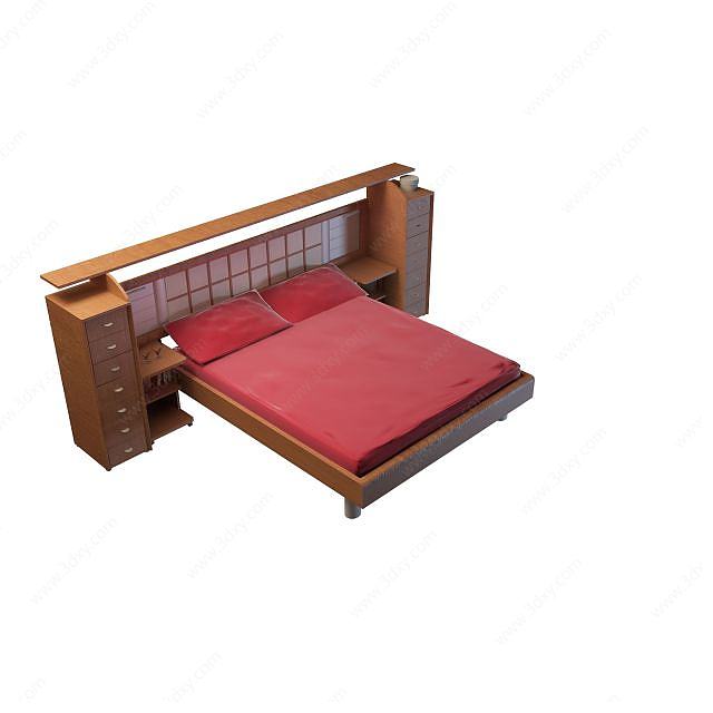 中式实木床柜组合3D模型