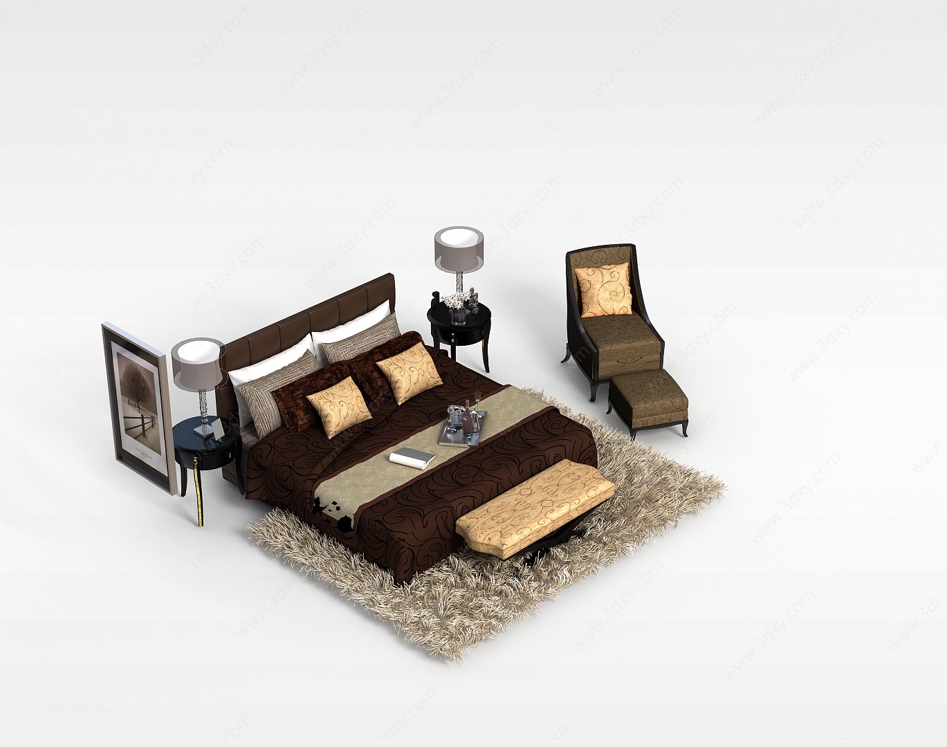 毛发地毯双人床3D模型