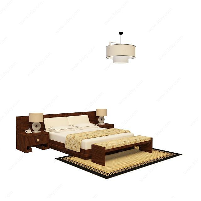 实木软垫床3D模型