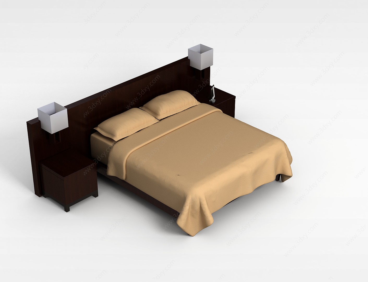 酒店实木双人床3D模型