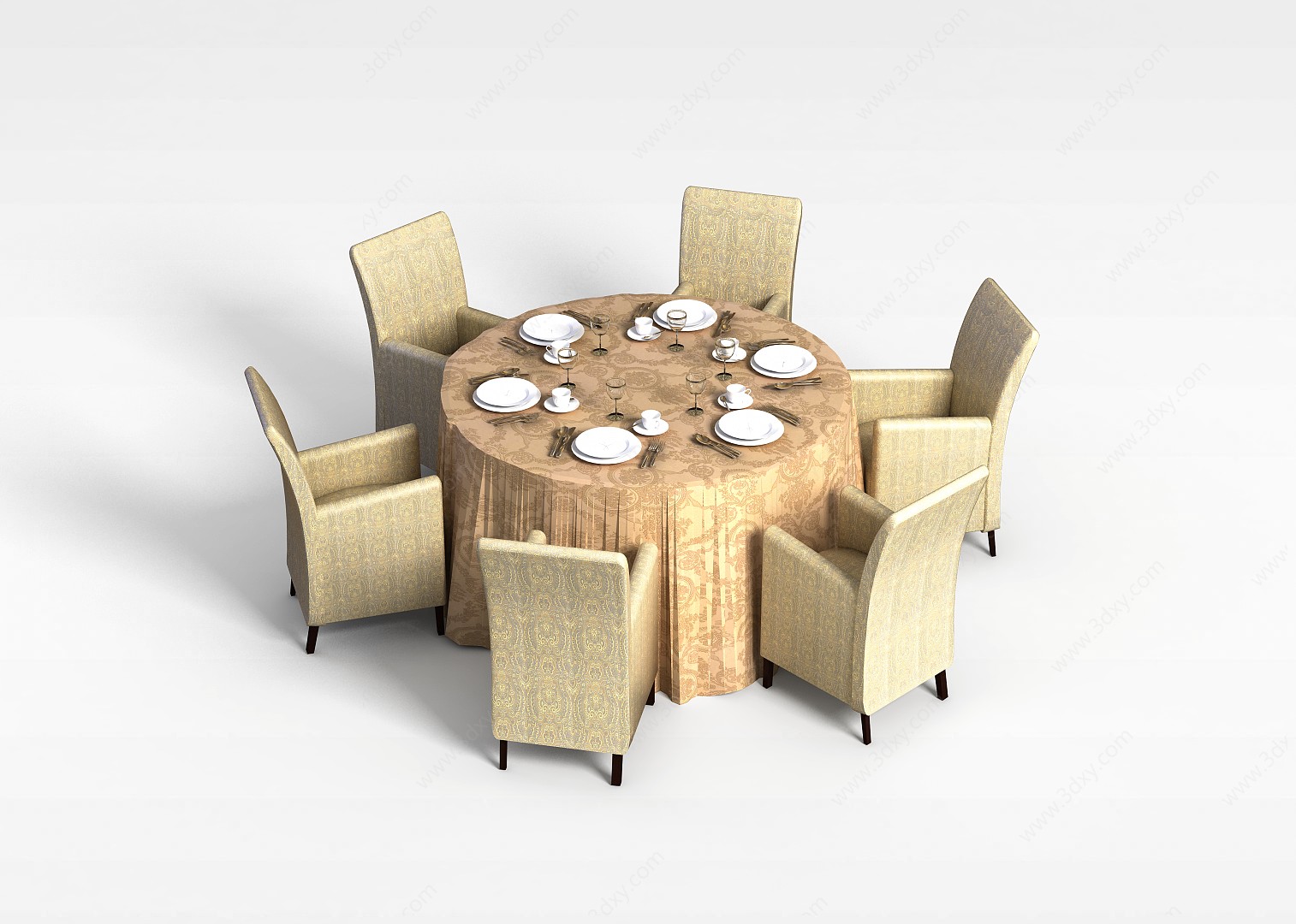 6人圆形桌椅组合3D模型