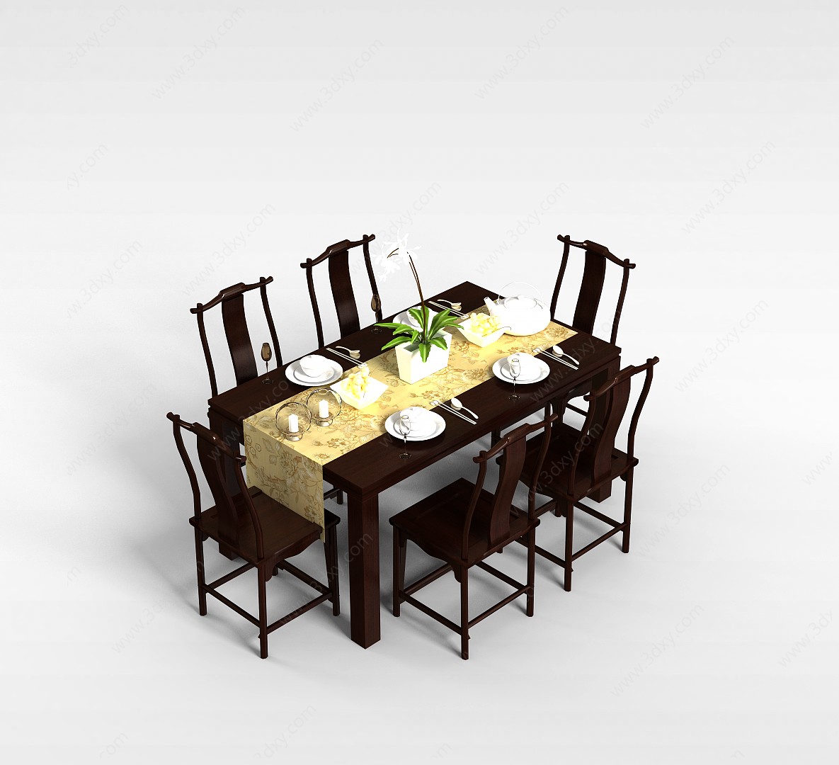 中式6人餐桌椅3D模型