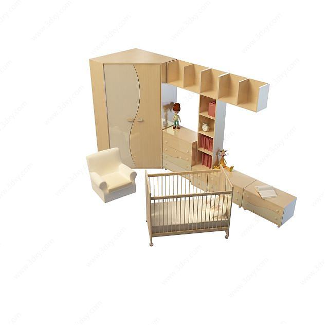 无漆木质婴儿床3D模型