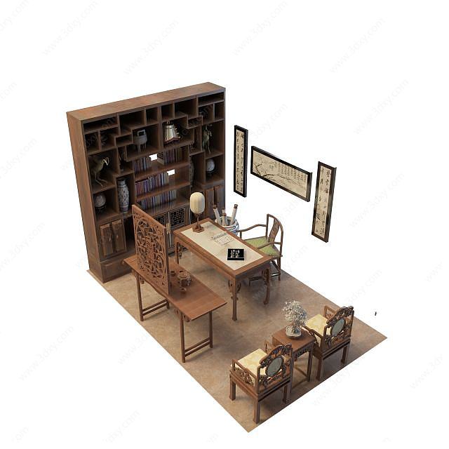 中式书房组合3D模型