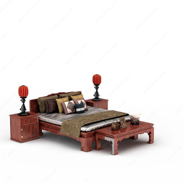 中式实木床3D模型