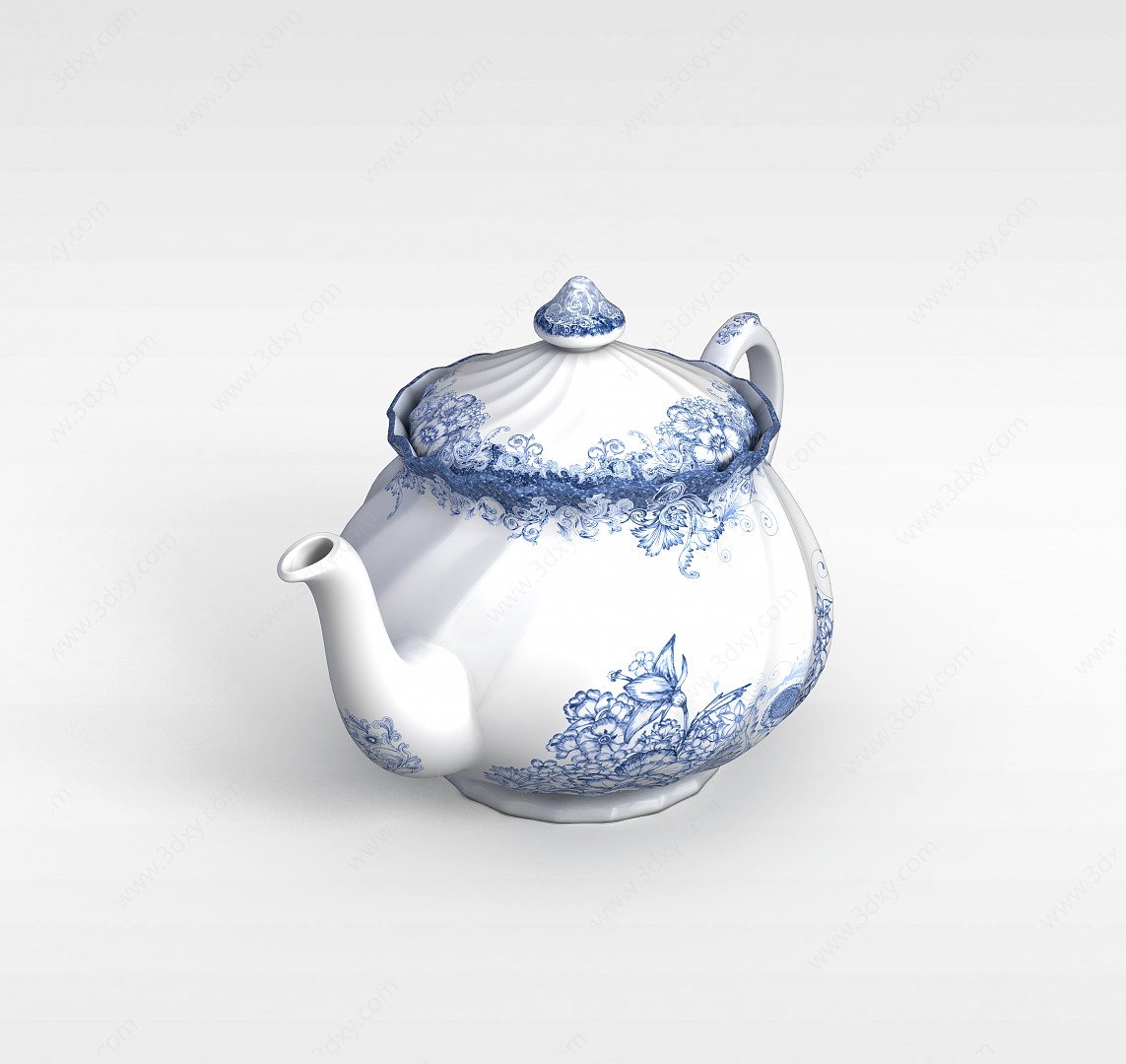 蓝白刻花茶壶3D模型