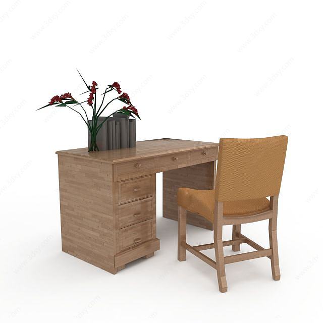 中式简约实木书房桌椅3D模型