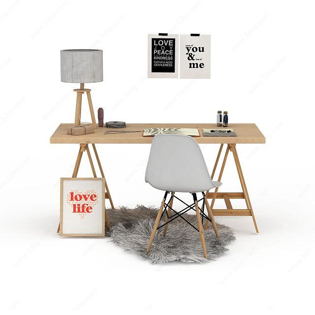 简易办公室桌椅组合3D模型
