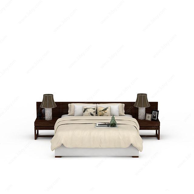 中式风格双人床3D模型
