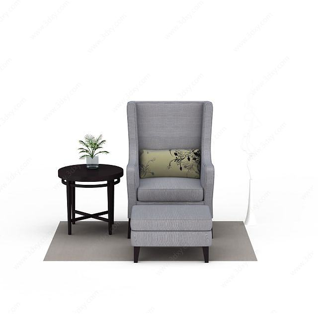 现代灰色布艺沙发脚凳茶几组合3D模型