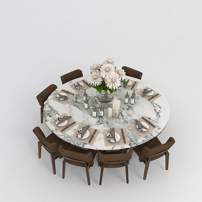 中式餐桌桌椅组合3D模型