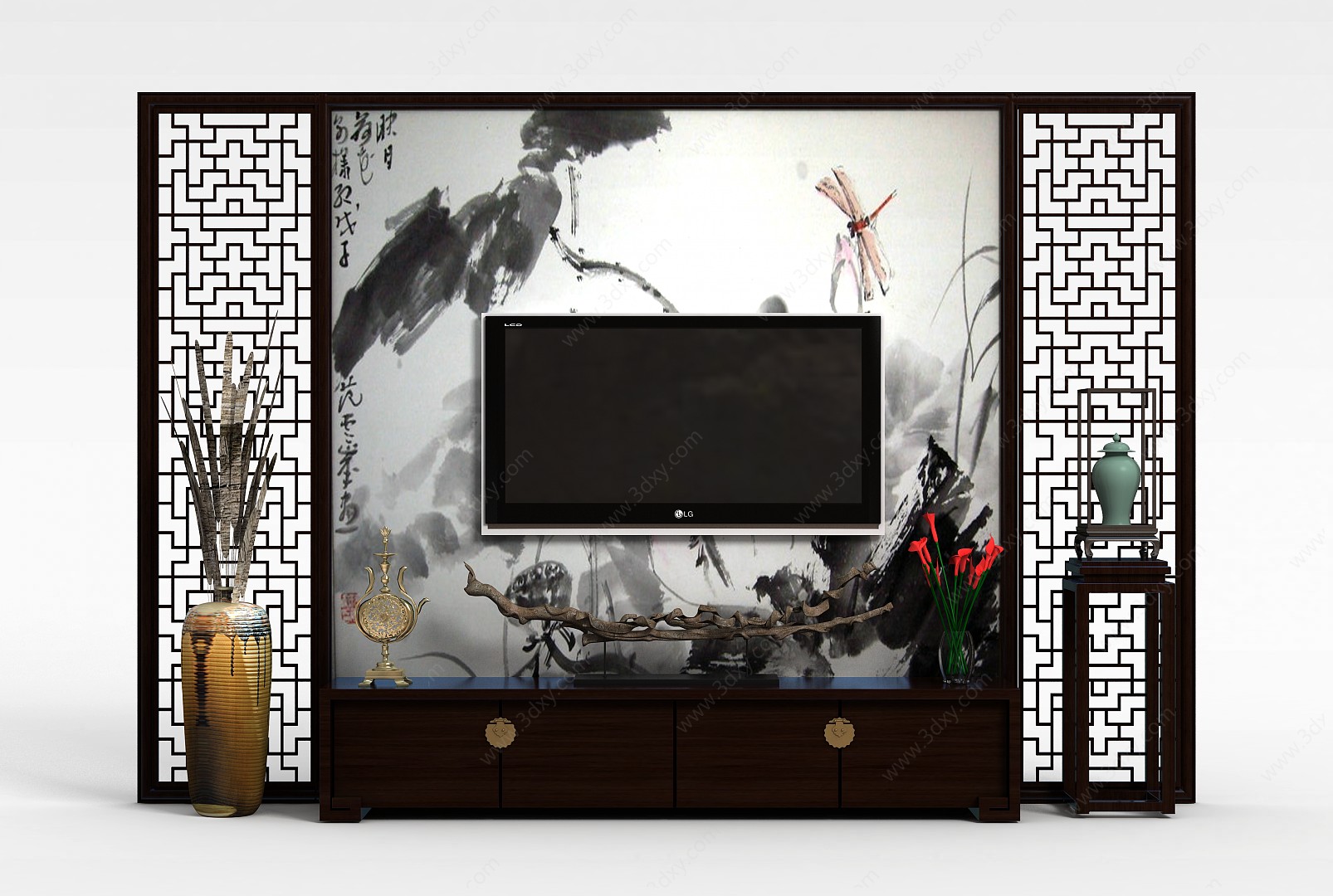 中式风格电视墙3D模型