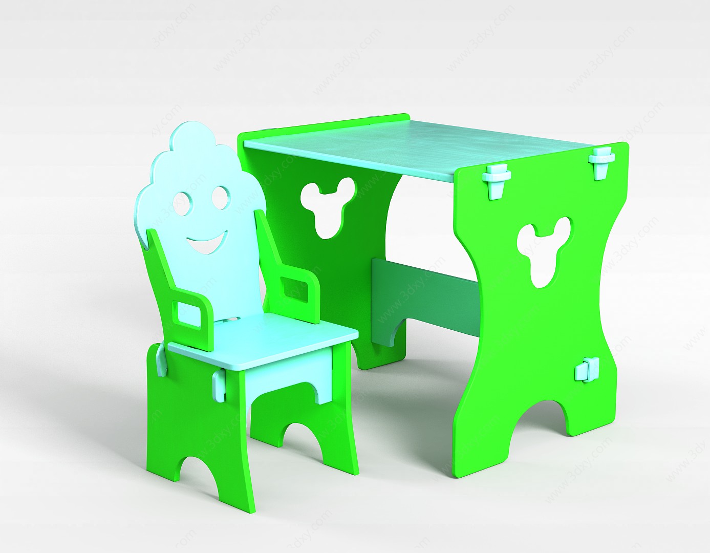 绿色塑料儿童桌椅3D模型