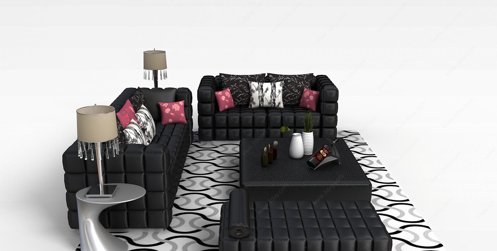 黑色沙发茶几组合3D模型
