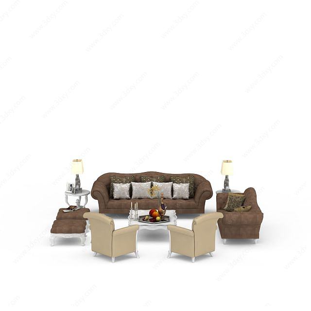 高档咖啡色沙发茶几组合3D模型