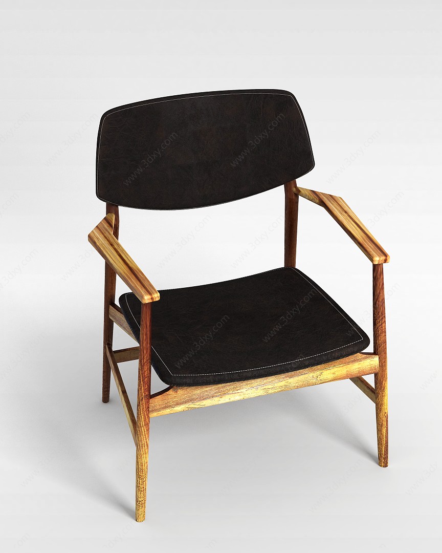 创意实木黑色皮坐垫改良太师椅3D模型