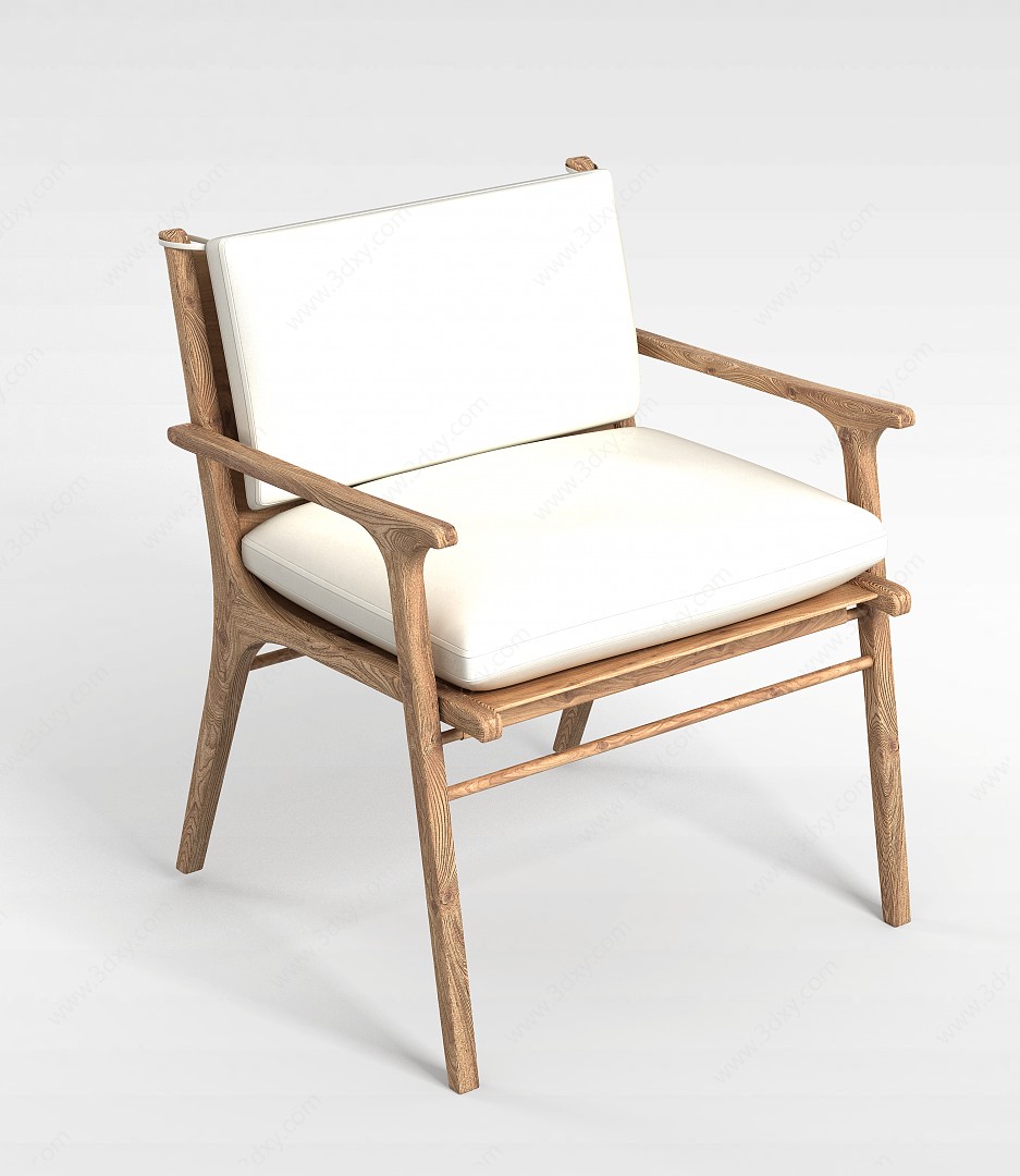 现代实木米色软坐垫休闲椅子3D模型