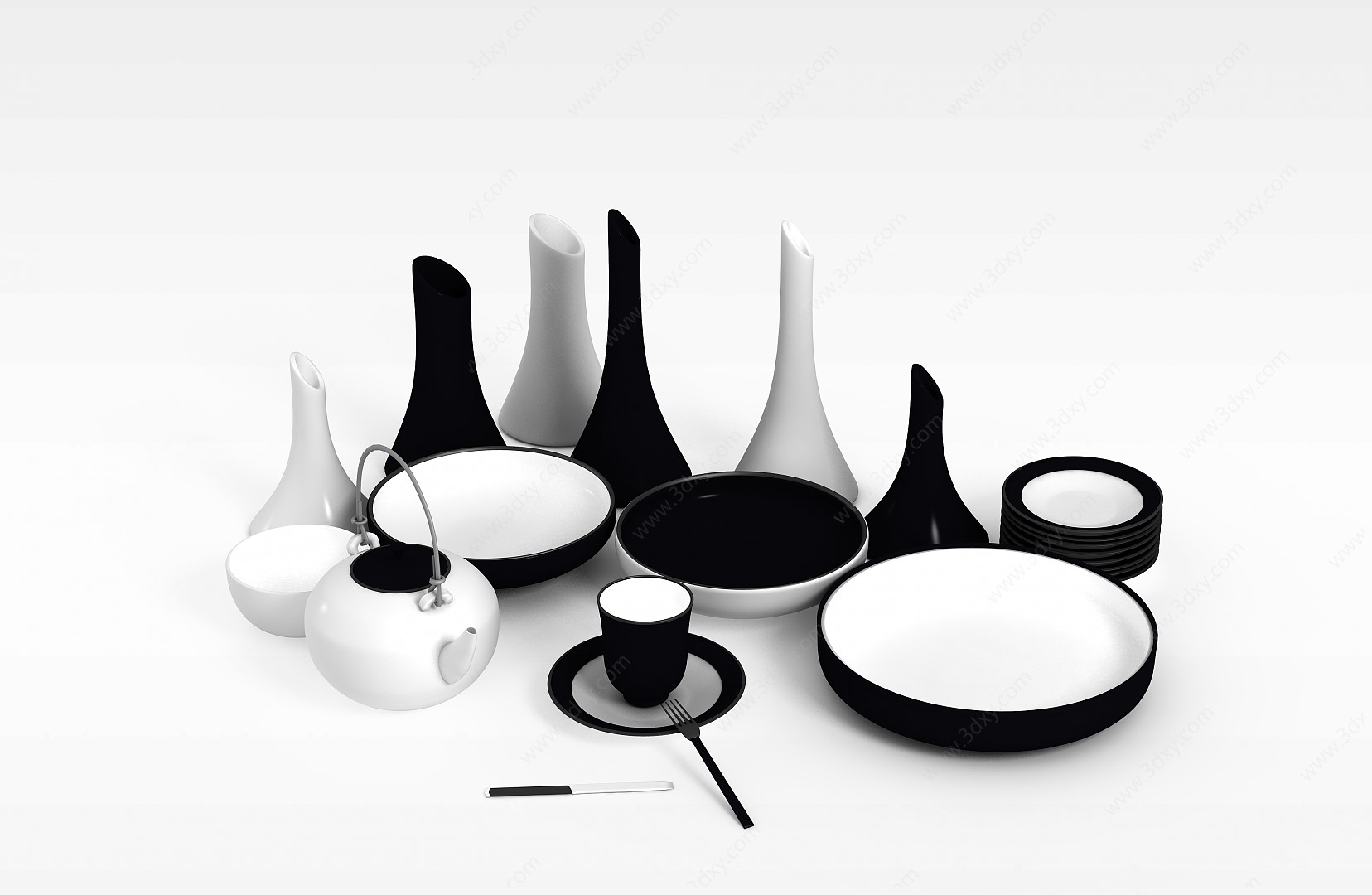 精美黑白拼色陶瓷餐具碗碟盘3D模型