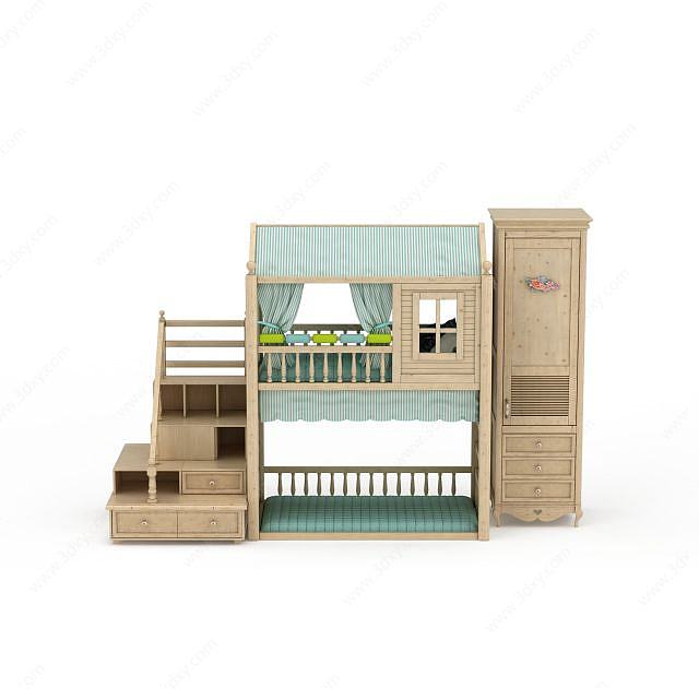 精品实木儿童床柜组合3D模型