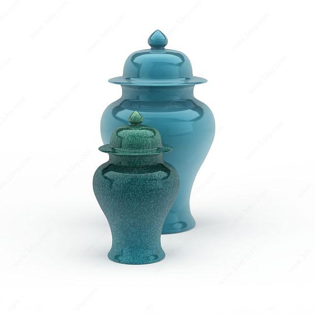 精美蓝色陶罐工艺品组合3D模型