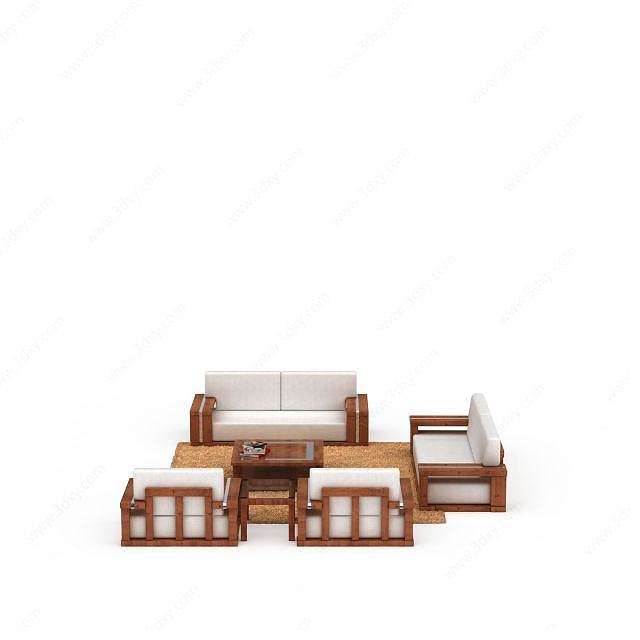 精品白色布艺实木沙发组合3D模型