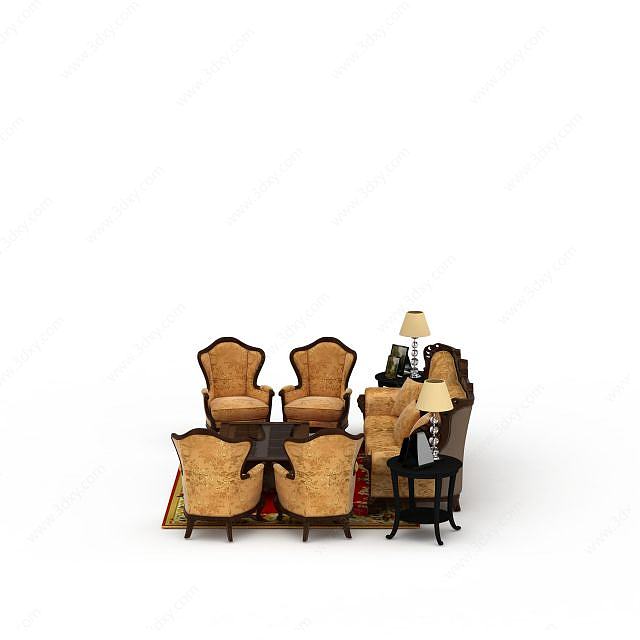 精美欧式印花布艺沙发茶几组合3D模型