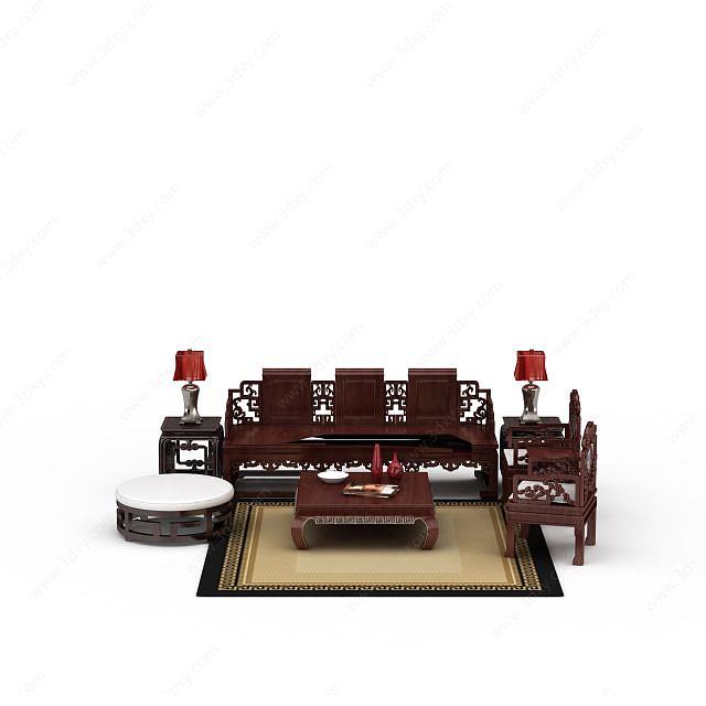 精美中式红木雕花沙发3D模型