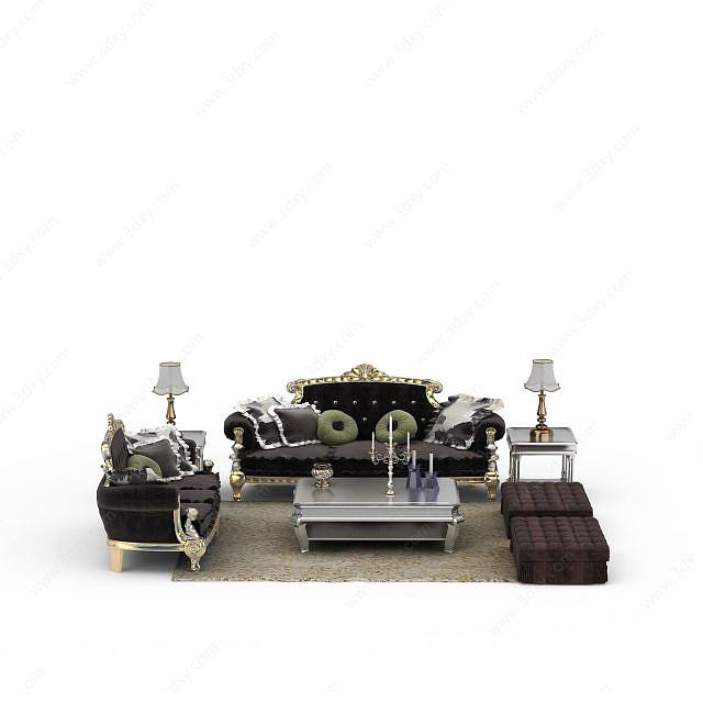高档美式软包灰色布艺沙发茶几组合3D模型