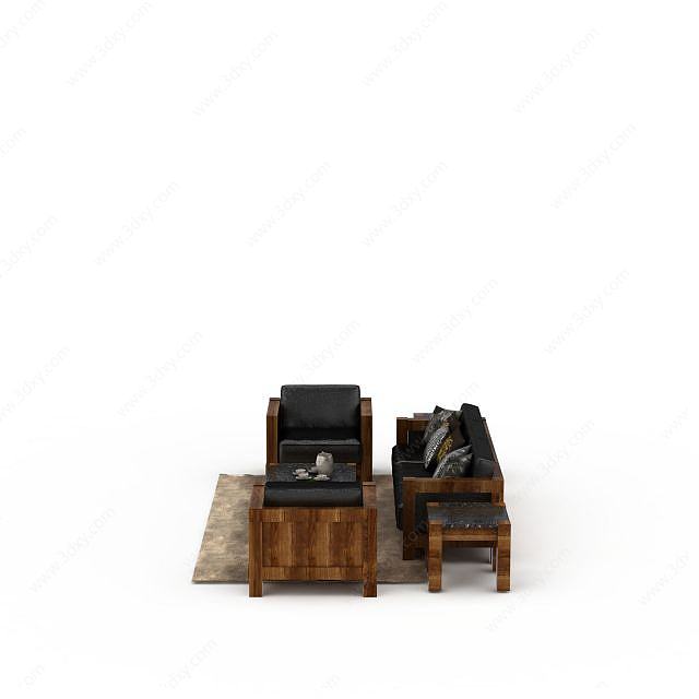 高端黑色皮坐垫实木沙发茶几组合3D模型