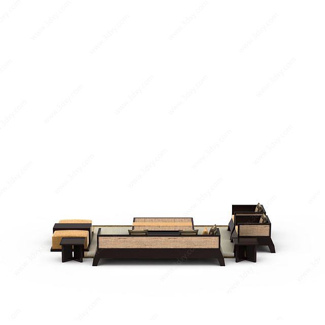 中式典雅实木沙发茶几组合3D模型