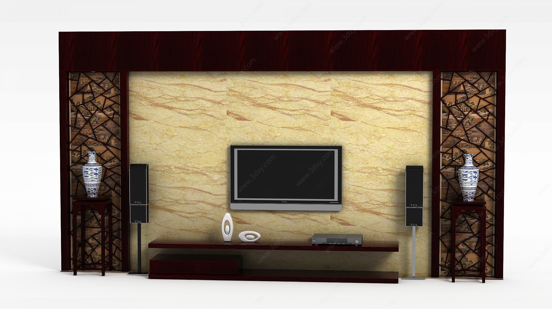 精美中式红木雕花电视柜背景墙3D模型